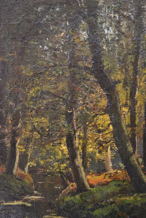 Dark, atmospheric oil painting of a wooded landscape with tall trees and a stream, in an ornate gilt frame.