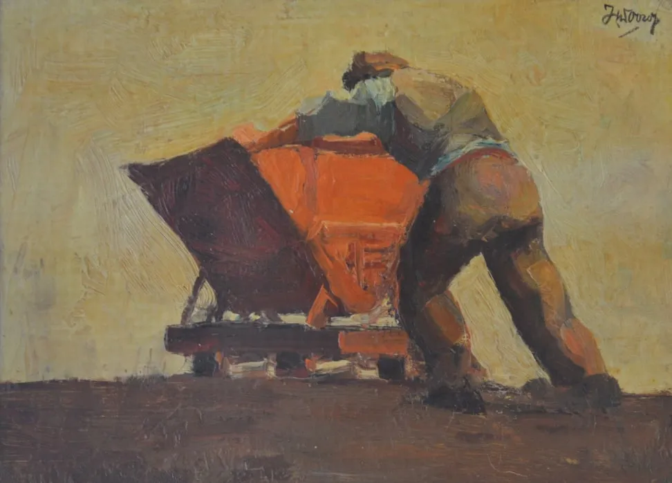Oil painting of a miner in work clothes pushing a tipper cart, seen from behind.